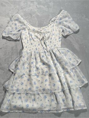 Hollister Floral Tiered Mini Dress White Blue Puff Sleeve Juniors Teens Small